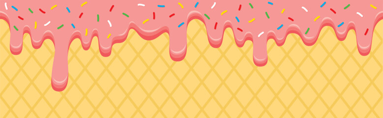 Seamless pattern border with sweet pink ice cream, colorful sprinkles and waffle background. Vector illustration - obrazy, fototapety, plakaty
