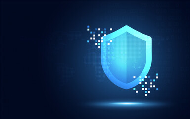 Futuristic cyber security shield guard blue abstract digital glowing background. Hacking technology computer network protection concept. Cybersecurity system tech sign symbol. Vector illustration