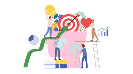 Business teamwork concept background. Businessman in business mechanism planing process, abstract background people brainstorming with strategy analysis. Flat vector illustration.