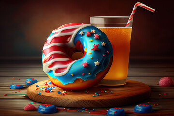 donut with juice and candies on independence day, Treat and decor for independence. Generative Ai