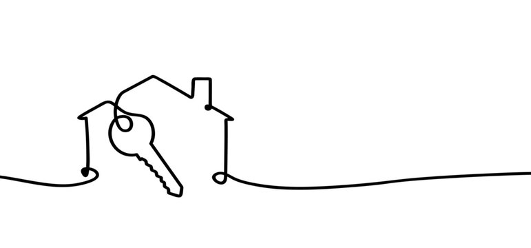 Cartoon house line pattern. Home icon or symbol. One continuous line drawing. buildings or houses logo. cylinder key icon. For open and closed the door. For sale idea.