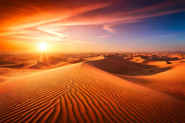 Fototapeta na wymiar A sprawling desert landscape with towering sand dunes stretching as far as the eye can see, their graceful curves and ripples casting fascinating patterns