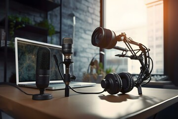 Obraz premium stock photo a podcast studio room microphone ultra realistic professional photography