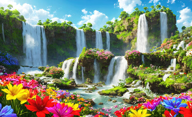 Paradise land with beautiful  gardens, waterfalls and flowers, magical idyllic background with many flowers in eden. Generative Ai. - obrazy, fototapety, plakaty