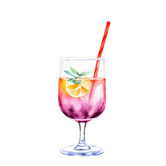 Glass of pink cocktail with mint and fresh lemon. Hand drawn watercolor vector illustration.