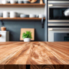 Selective focus, Wood table top on blur kitchen counter (room) background. For montage product display. generative ai. - 609077158