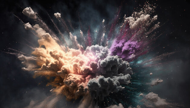 An abstract explosion of colorful powder and smoke bursts against a dark background, featuring orange, white, and purple clouds with streaking particles.