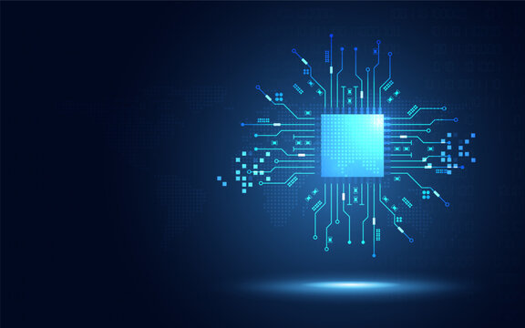 Futuristic chipset processor circuit board digital transformation blue abstract technology background. Innovative tech block chain artificial intelligence cloud computing concept. Vector illustration