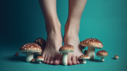 image with female bare legs, feet with mushrooms between fingers. health care. foot fungus. AI generative