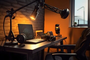 Fototapeta na wymiar stock photo a podcast studio room microphone ultra realistic professional photography ai generated