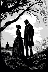 Black and white male and female silhouette, AI-generated illustration of gentleman and lady