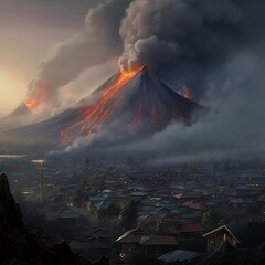 Volcano in the city, ash in the sky, smoke in the sky, city with clouds and AI-generated smoke.