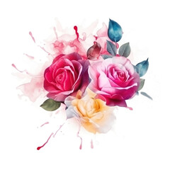 bouquet of three multi-colored roses, watercolor with paint splashes on a white background, generative AI