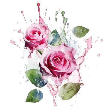 bouquet of two multi-colored fresh roses, watercolor with paint splashes on a white background, generative AI