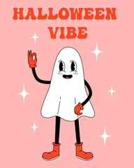 70s, 80s groovy posters, retro print with hippie ghost. Cartoon psychedelic landscape, vintage funky print. Halloween vibe, holiday 31 october.