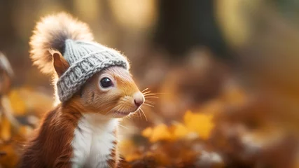 Fotobehang Fall season card with cute squirrel with knitted hat on blurred autumn park landscape background with copy space. Autumn character. Funny forest illustration. Generative ai © KRISTINA KUPTSEVICH