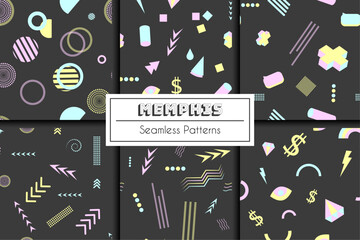 Set of Memphis Seamless Patterns on Dark Background