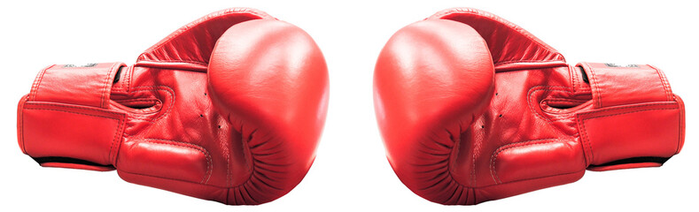 Pair of red leather boxing gloves isolated on white, Hanging boxing gloves.