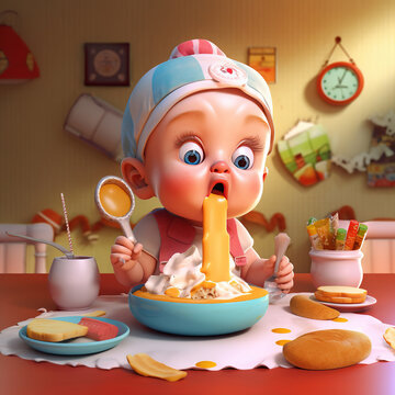  funny cute baby eats breakfast.3d illustration