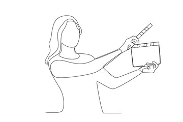 A woman shows a claper board. Director one-line drawing