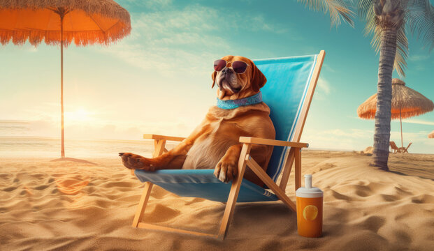 A dog in sunglasses sits on the beach with a cocktail is sitting in a beach chair. Horizontal banner. The concept of a summer holiday by the sea. Created with generative AI technology