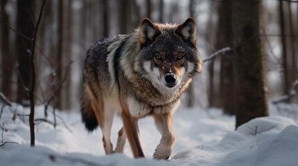 Fototapeta premium Gray wolf in winter forest. Wolf in the nature habitat.generative ai