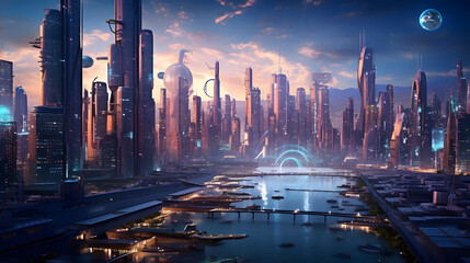 night view of a futuristic city. generative AI