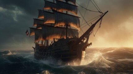 Fototapeta premium A pirate ship in the sea , ai, ai generative, illustration