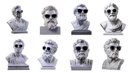 Collection of modern Greek sculptures with sunglasses on transparent background. Generative AI