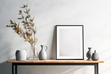 Obraz premium Modern scandinavian monochrome interior with black mockup poster frame, vases and elegant accessories on wooden shelf on white wall. Template. Stylish home decor. Generative ai