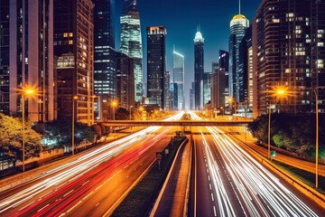 Fototapeta na wymiar Bustling City Night with Bright Lights and Traffic - AI Generative