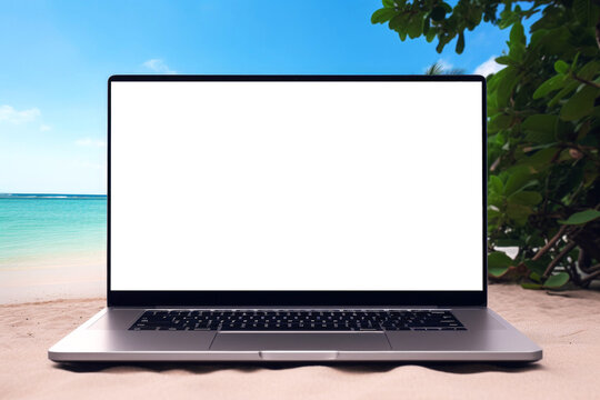 Modern laptop mockup on the sand , beach background, Work from the beach concept. Generative AI