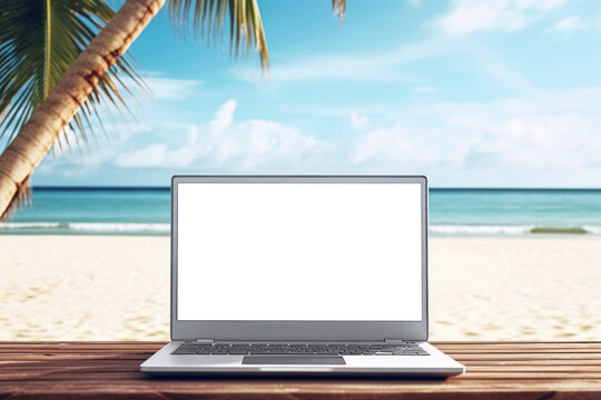 Modern laptop mockup on the sand , beach background, Work from the beach concept. Generative AI © Generative ART