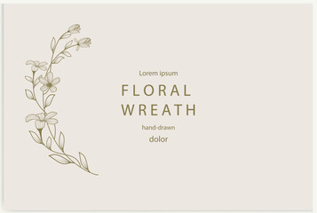 Hand-drawn line floral frame. Elegant vintage wreath. Vector illustration.