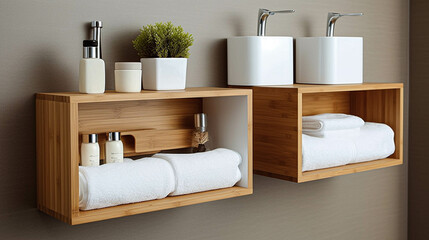 Modern Minimalism: Bamboo Wood and Fabric Storage for Bathrooms. Generative AI