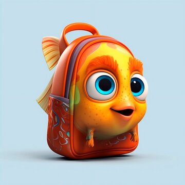 Cartoon fish character backpack with 3d illustration isolated. Funny 3d school backpack for kids. Cheerful cartoon backpack. Cartoon briefcase. Generative ai.