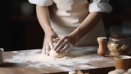 Obraz na płótnie Canvas Watch as a woman delicately pours flour into a bowl, her hands moving with precision and grace. The fine powder cascades, creating a cloud of white that fills the air with a gentle, comfort
