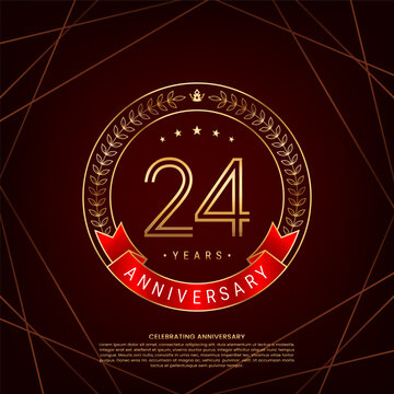 24th anniversary logo with golden laurel wreath and double line numbers, logo design for anniversary celebration event, double line style vector design