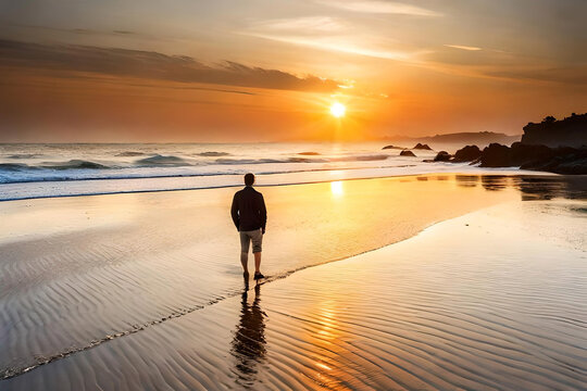 A serene coastal scene at sunset, a long stretch of sandy beach lined with seashells and gentle waves lapping the shore, a solitary figure standing at the water's edge