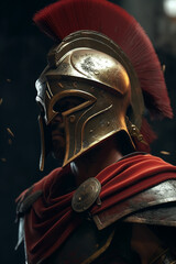 Illustration of a Spartan warrior in traditional armor, and a Corinthian helmet, ancient Greek military. ai generated	