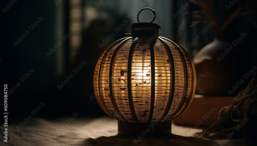 Sticker Glowing lantern illuminates rustic winter decoration indoors generated by AI