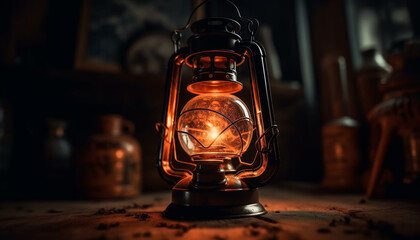 Glowing lantern illuminates rustic old fashioned table decoration generated by AI