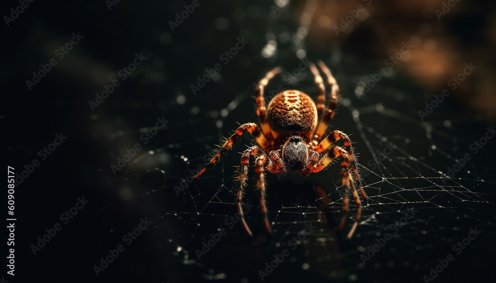 Poster Spooky garden spider spins multi colored web outdoors generated by AI