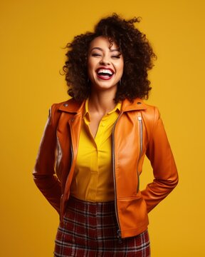 Portrait of an African American Woman Laughing Candidly, Isolated on a Colorful Background. Generative AI illustration.
