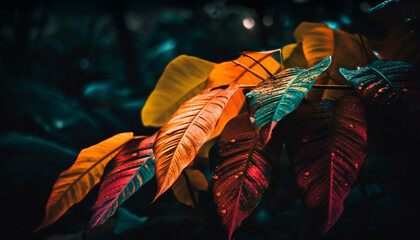 Vibrant autumn leaf pattern on defocused forest background generated by AI