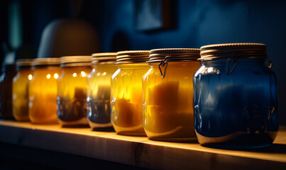 Fototapeta na wymiar Glass jars on a shelf. Jam glasses on shop shelf illustration. Generative AI.
