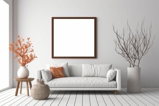 Mock-up frame in modern home and white interior with sofa, fur, table and branch. Generative AI