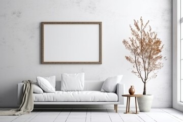 Mock-up frame in modern home and white interior with sofa, fur, table and branch. Generative AI