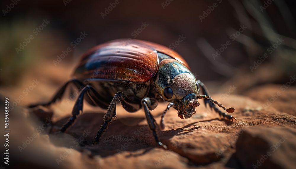 Wall mural Small weevil crawling on green leaf outdoors generated by AI