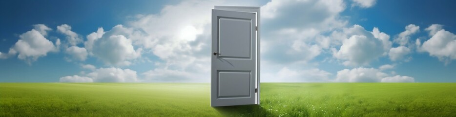 Door in a green field on a sunny day. Generative AI